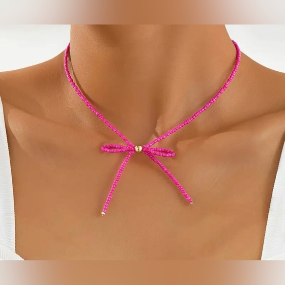 Pink Bow Beaded Necklace - Picture 1 of 5